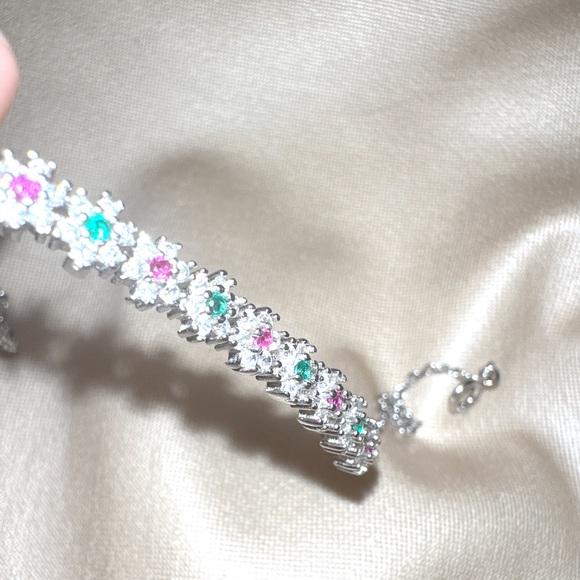 Sterling Silver  Emerald&Ruby Cubic Zirconia Flower Bracelet - Picture 14 of 16